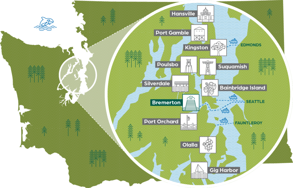Graphic of Kitsap Peninsula locations & cities marked on a map of Washington State