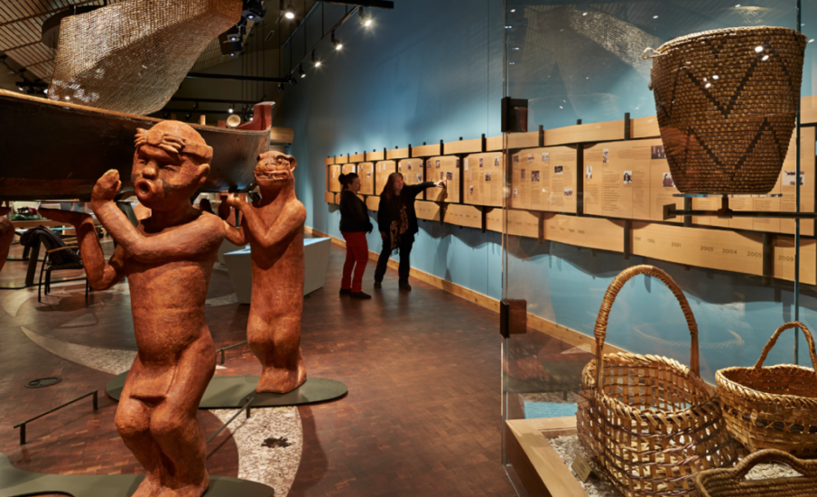 An interior view of the Suquamish Museum, showcasing intricately carved wooden figures holding a canoe, woven baskets, and historical information panels lining the wall.