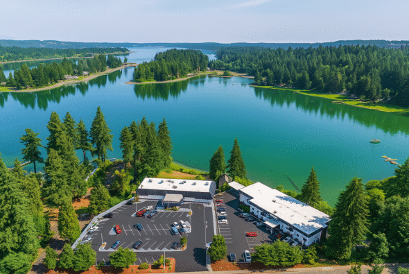 Aerial view of Oyster Bay Inn & Suites surrounded by evergreen forest and overlooking calm waters of Oyster Bay in Bremerton, Washington.