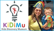 Photo of KidiMu Kids Discovery Museum customers enjoying the museum with image of museum logo to the left of the photo