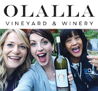 Image of Olalla Vineyard & Winery logo with photo below of three customers drinking wine and smiling at Olalla