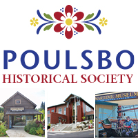 image of Poulsbo Historical Society logo with photos of the building exterior and interior