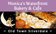 Photo of Monica's Waterfront Bakery & Cafe baked goods and logo - Old Town Silverdale, WA