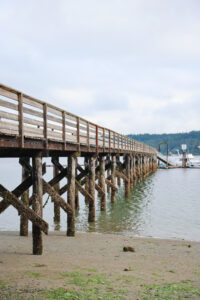 A wooden dock stretching into the water, with boats docked nearby at Illahee State Park.