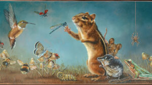 A detailed painting featuring a group of animals, including a chipmunk, mouse, hummingbird, and insects, all interacting in a whimsical natural setting. The scene includes mushrooms, flowers, and a small spider hanging from a thread.