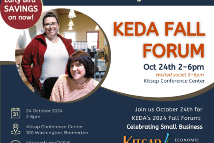 Promotional graphic for the KEDA Fall Forum on October 24th, celebrating small business. The event will be held from 2-6pm with a hosted social from 5-6pm at Kitsap Conference Center in Bremerton. The graphic features a photo of two smiling individuals, with the text 'Early Bird Savings on now!' and event details, including the Kitsap Economic Development Alliance logo.