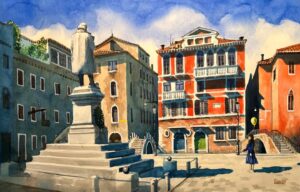 A watercolor painting of an Italian street scene with colorful buildings, a statue, and a lone figure walking while holding a balloon. The artwork captures the play of light and shadow in the scene.