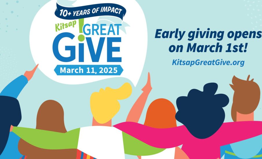 A colorful digital illustration promoting the Kitsap Great Give on March 11, 2025. The graphic features a group of diverse people with their arms around each other, facing a large Kitsap Great Give logo. A banner at the top reads "10+ Years of Impact," and the text highlights that early giving opens on March 1st, directing viewers to KitsapGreatGive.org.