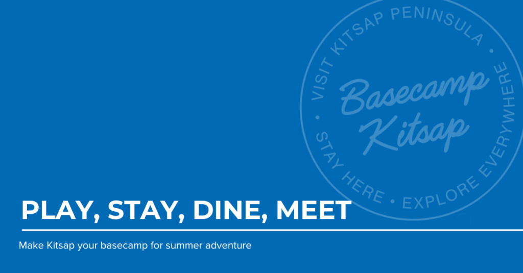 Blue graphic featuring a faded circular stamp on the right side that reads: “Visit Kitsap Peninsula – Basecamp Kitsap – Stay Here • Explore Everywhere.” Bold white text on the left says: “Play, Stay, Dine, Meet.” Below that, smaller white text reads: “Make Kitsap your basecamp for summer adventure.”