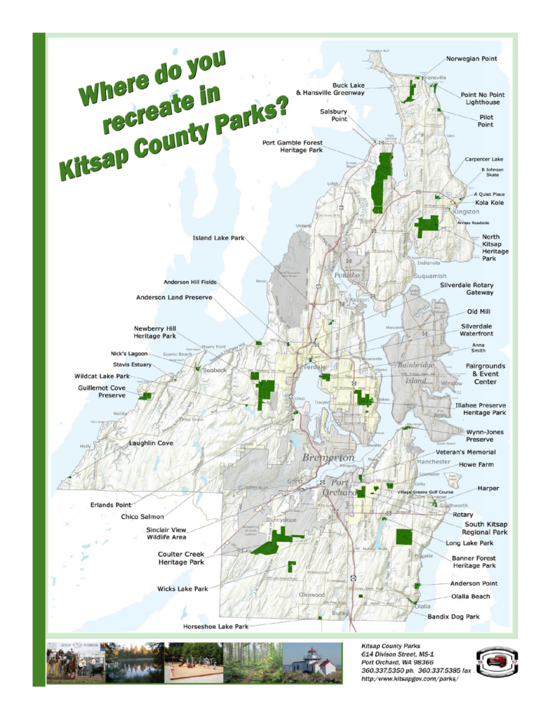 Color-coded map of Kitsap County, Washington, showing the locations of various county parks, green spaces, and trail systems. The map includes labeled areas such as Port Gamble Forest Heritage Park, Guillemot Cove, Illahee Preserve, and Clear Creek Trail, along with nearby cities like Poulsbo, Bremerton, Silverdale, and Port Orchard. Roads, highways, and water bodies like Hood Canal and Puget Sound are also depicted, helping users navigate the park network across the peninsula.