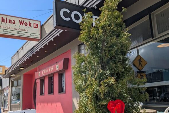 Exterior of Café Corvo on a sunny day, with a hanging café sign, a sidewalk sign reading “Coffee Espresso Pastries,” bright red tulips in the foreground, and neighboring storefronts along a downtown street.