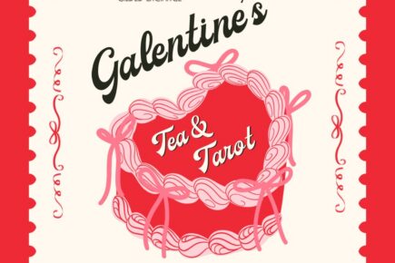 Vintage-style red and cream event poster reading “Galentine’s Tea & Tarot,” featuring a heart-shaped box illustration with pink ribbon bows. Logos for Tea Alchemy & Gilded Exchange and Down to Earth Oracle appear at the top. Event details: February 13th, 2026 from 3 PM–6 PM at 834 Bay St., Suite 100, Port Orchard, WA 98366.