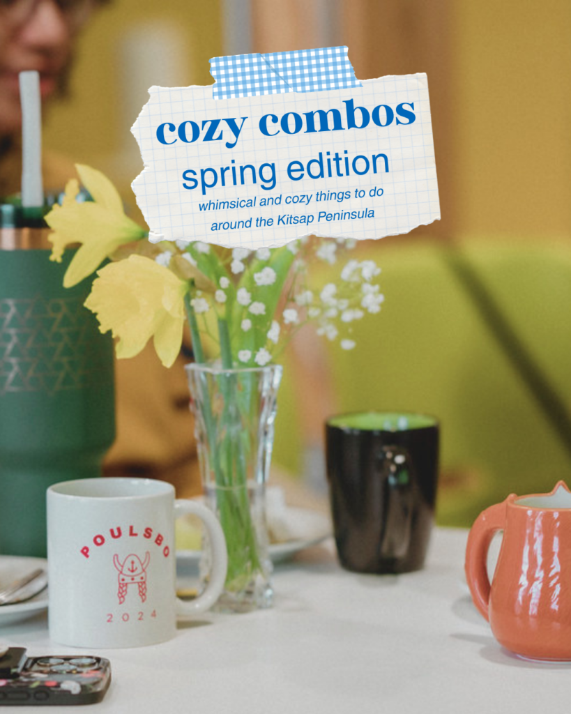 Spring coffee scene with mugs and fresh flowers at a cozy café in Poulsbo on the Kitsap Peninsula
