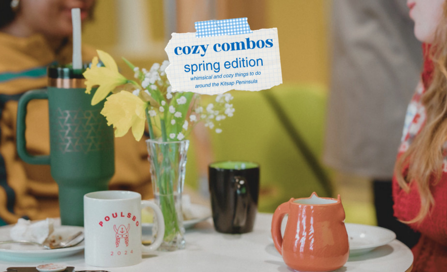 Spring coffee scene with mugs and fresh flowers at a cozy café in Poulsbo on the Kitsap Peninsula