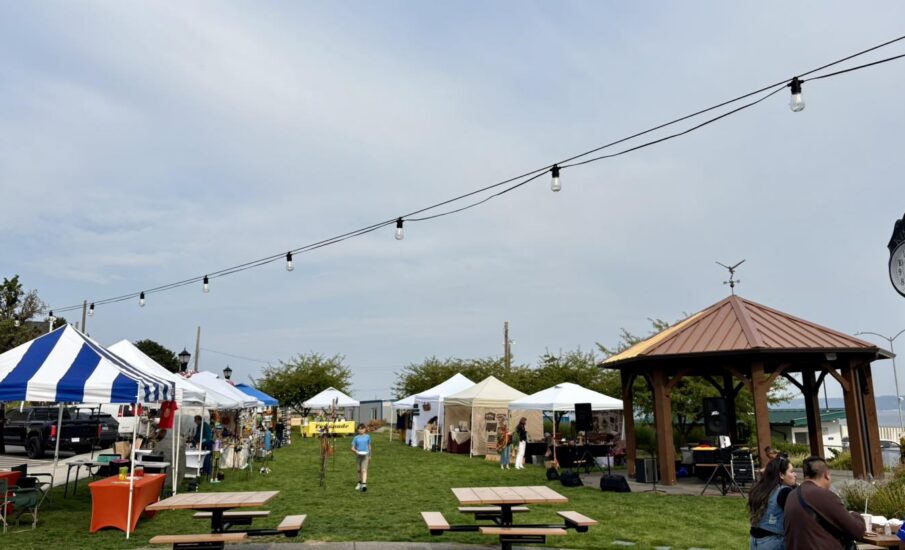 Outdoor market in Kingston, Washington featuring rows of white vendor tents, string lights overhead, and a gazebo stage near the waterfront, with visitors browsing local goods on a grassy lawn by Puget Sound.